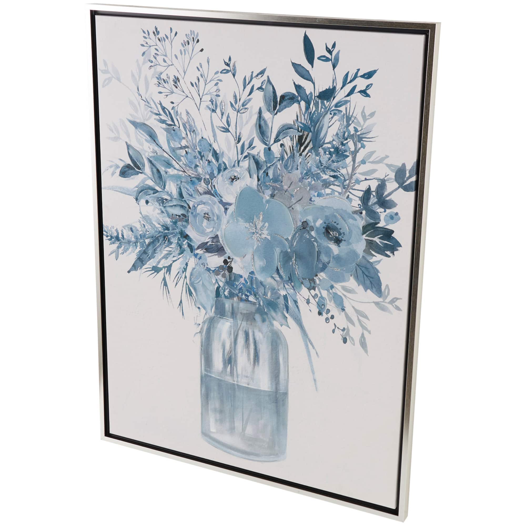 30" x 40" Blue Canvas Floral Bouquet Framed Wall Art with Silver Frame